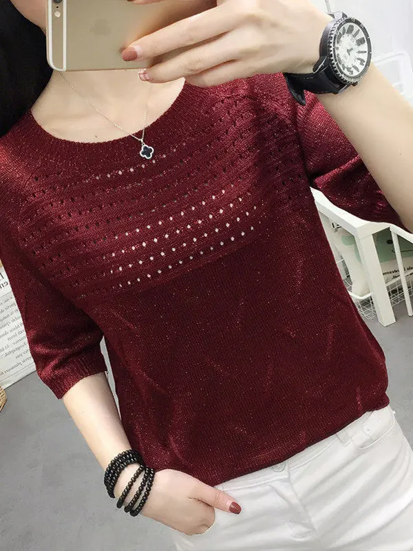 

Summer New Women's ort Sve T-irt Knitted Hollow out round Ne Ice Silk Loose Thin Breathable Top Korean Sle Commute...