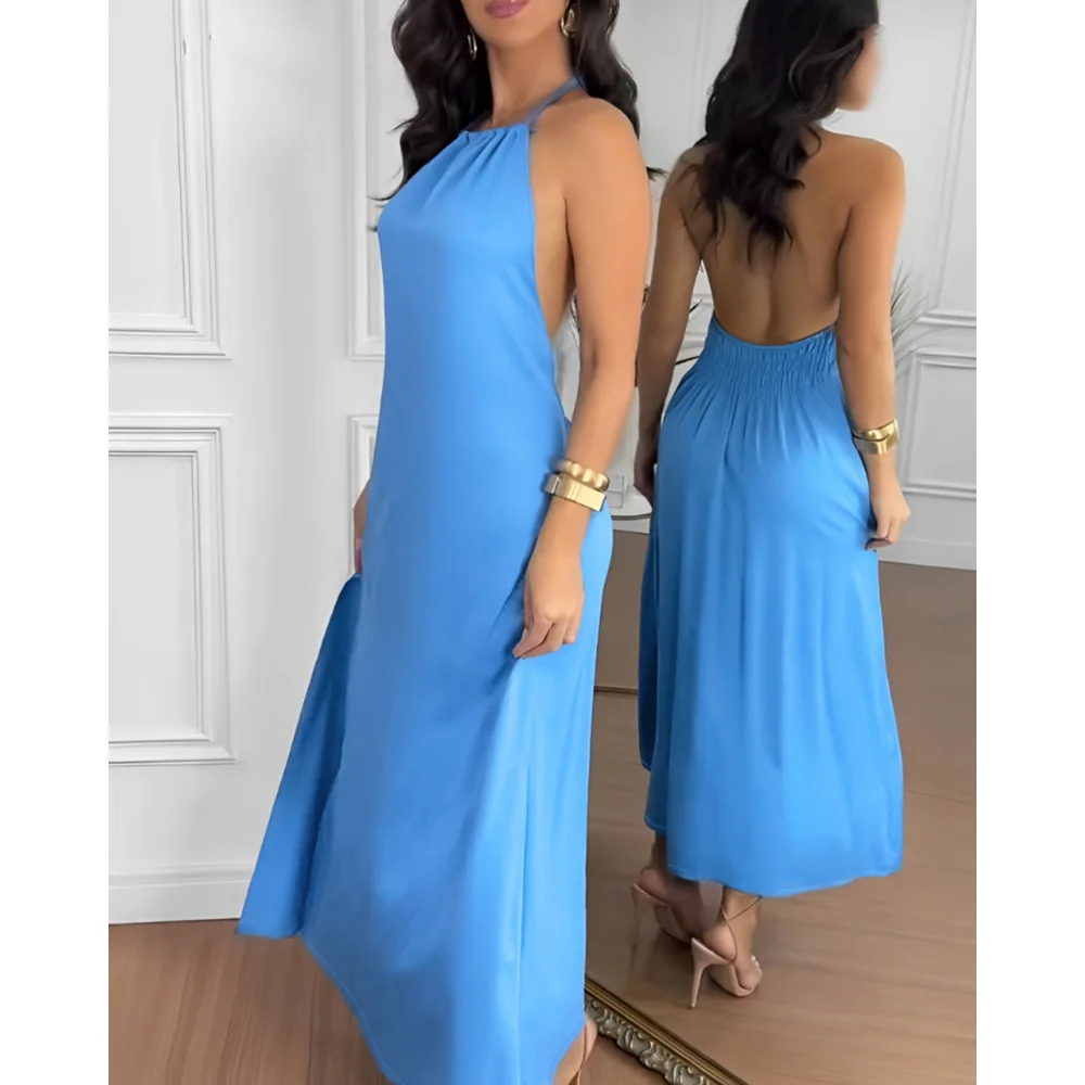 

2025 Summer Women Sexy Halter Sleeveless Backless Maxi Dress Casual Solid Color Shirred Back Side Slit Vacation Long Dress