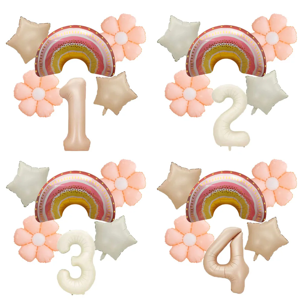 Dois groovy festa retro arco-íris com 40 polegadas creme número folha balão boho margarida festa de aniversário chá de bebê decoração de casamento