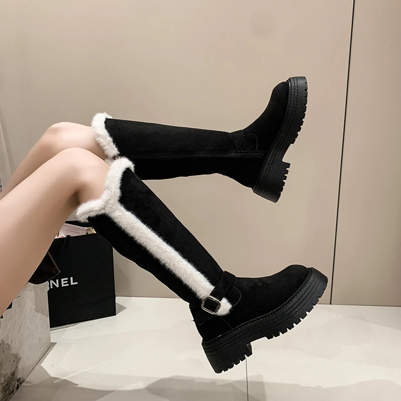 

Зимние женские модные сапоги до колена с плюшевым ремешком и пряжкой, утепленные флисовые теплые зимние ботинки, ботинки на платформе и массивном каблуке на молнии