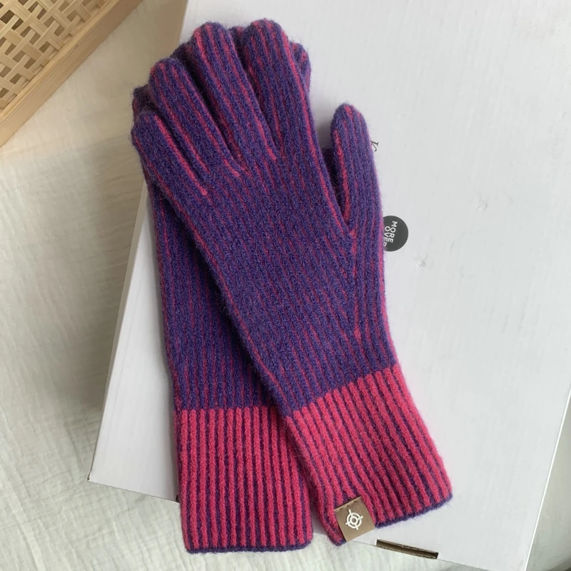 Winter New Touch Screen Gloves Women Thicken Warm Stripe Knitted Stretch Gloves Full Finger Outdoor two-tone Gloves For Women