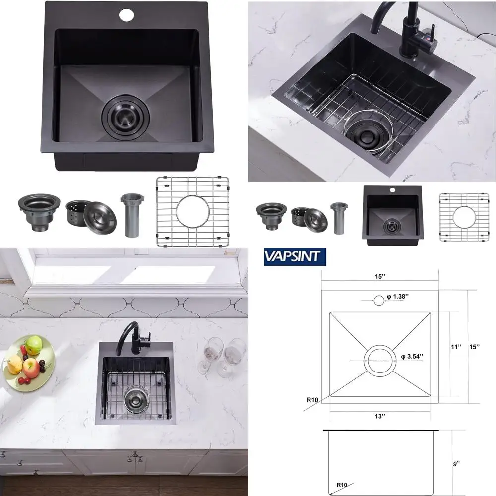 

15x15 Inch Single Bowl Drop-In Bar Sink, Handmade Gunmetal Black, 16 Gauge Stainless Steel, Wet Bar Prep RV Sink for Home and Ou