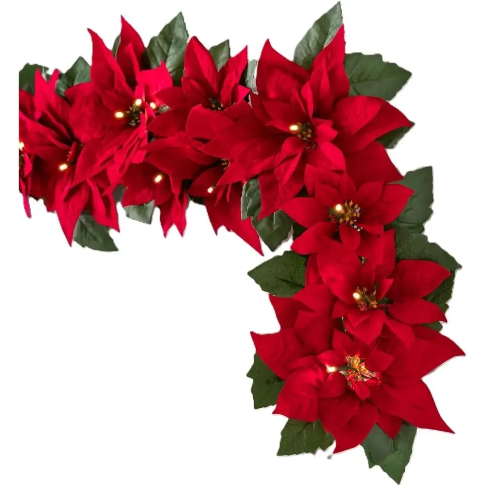 

Рождественская гирлянда с подсветкой Poinsettia Celebration и светодиодными прозрачными огнями на батарейках для украшения дней в помещении и на открытом воздухе, 6 футов