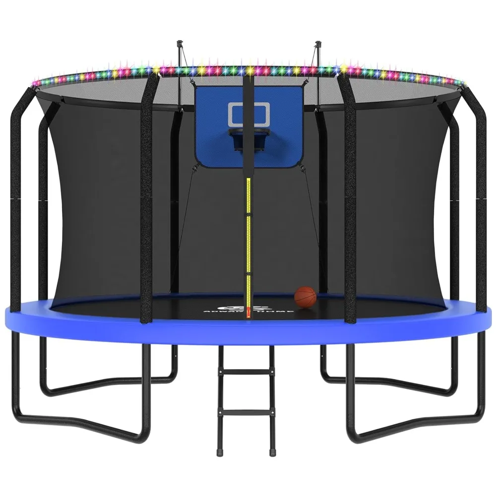 Trampolin für Draußen 14FT mit Basketballkorb und LED-Beleuchtung, Freizeittrampolin, Individuell Anpassbar