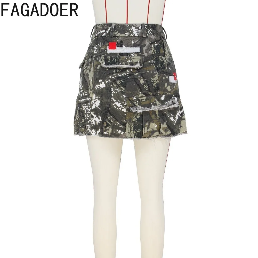 FAGADOER Camouflage Print Sexy Y2k Skirts 2024 Summer High Waist Side Slit Buttons Patchwork Mini Skirts Fashion A Line Faldas