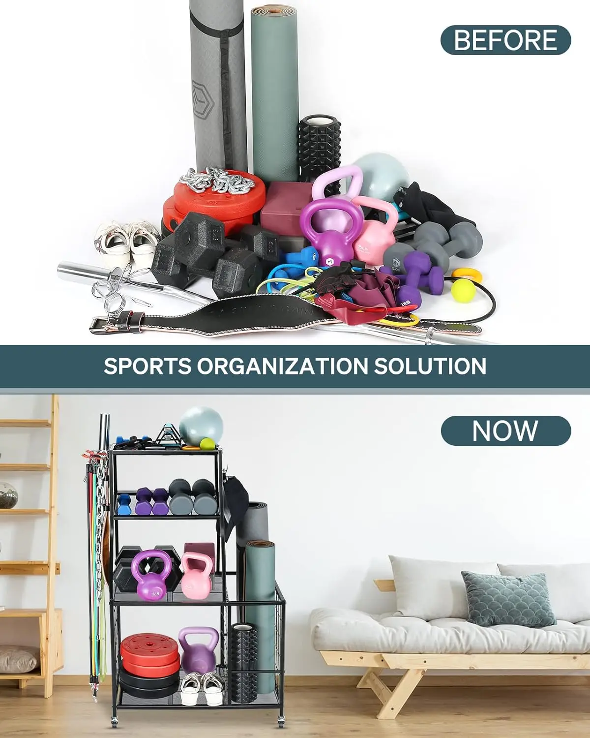 رف تخزين متعدد الوظائف للصالة الرياضية مع عجلات لحمل الأثقال وحصائر اليوغا ومعدات اللياقة البدنية