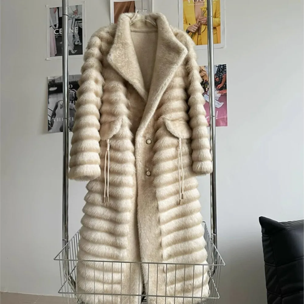 2024 Winter Brown Embossing Strip Pattern Faux Mink Fur Coat Women Single-breasted Buttons Full Sleeve Loose Warm Long Outerwear