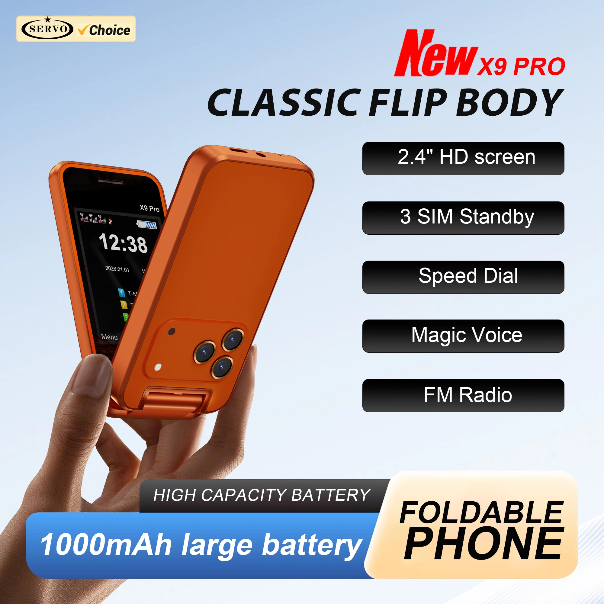 SERVO X9 PRO 3 SIM Card Foldable Mobile Phone Magic Voice Speed Dial Blacklist FM Radio 2G GSM 2.4"Screen Flip Button Cellphones