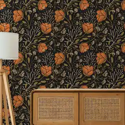 Soft Orange Floral Wall Mural Peel And Stick, Modish Modern Black Wallpaper With Wildflowers,Self-adhesive Or Traditional Papers