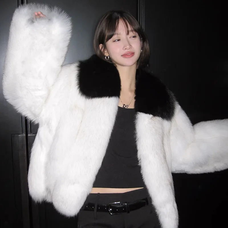 Luxury Fur Lapel Winter Design Patchwork Lapel Fur Coat Women Fashion Thick Warm Faux Fur Plush Coat Fluffy Soft Jacket New Chic