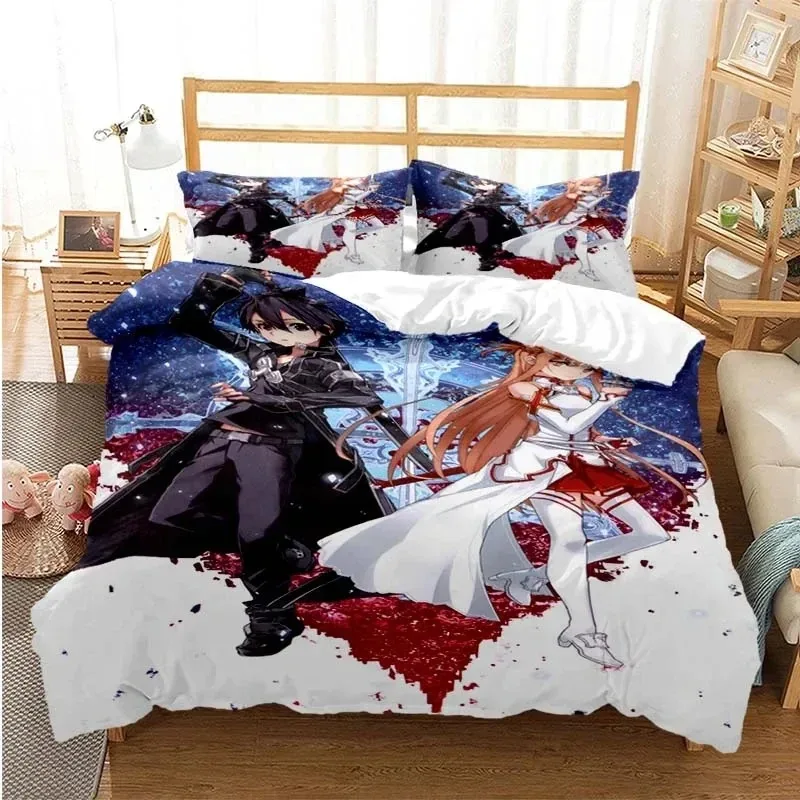 Juego de funda nórdica con dibujos de Asuna Sword Art Online, funda de almohada, juego de cama, regalo para niños, ropa de cama individual Queen King Size para niñas