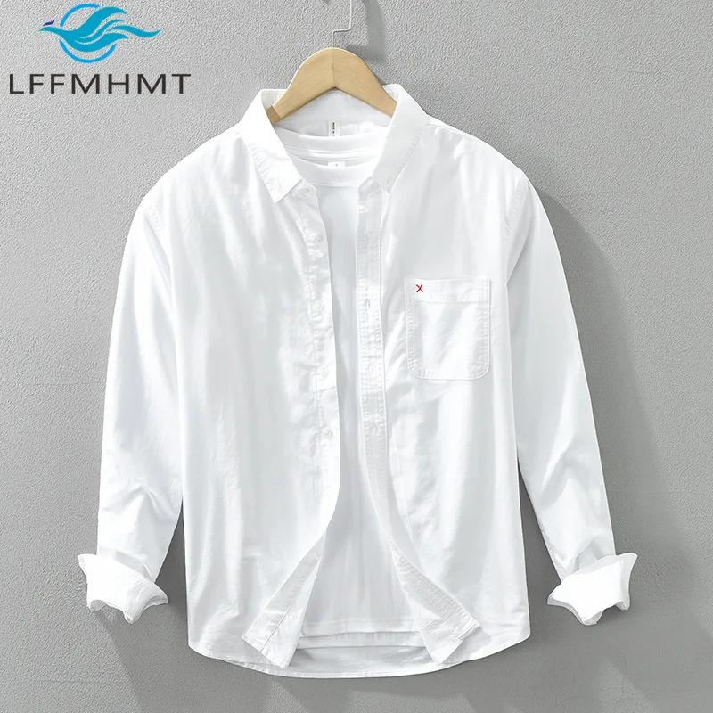 

7238 100% Cotton Simple Basic White Shirt Spring Fall New Fashion Men's Long Sleeve Chic Elbow Patchwork Casual Blouse Tops Male