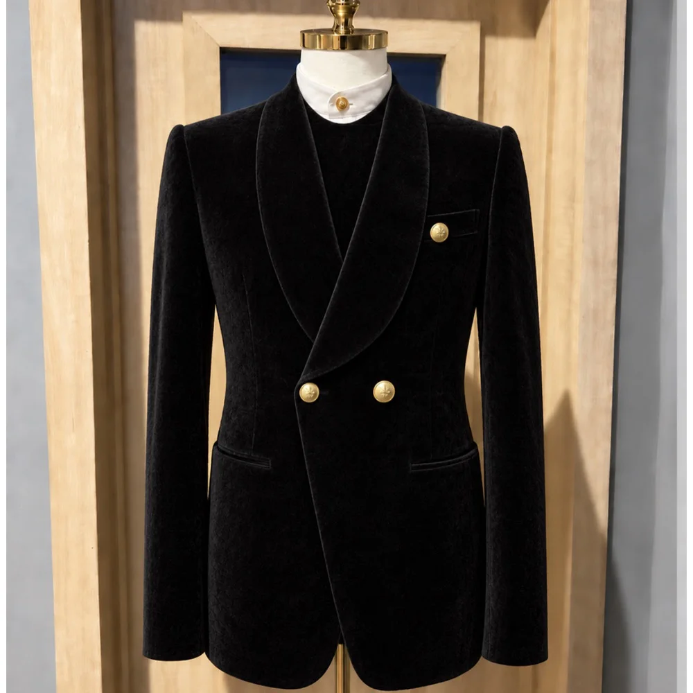 Men's Black Velvet Double Breasted Suit Blazer Shawl Lapel Tuxedo Jacket Slim Fit Luxury Wedding Party Prom Groom Coat with Gold