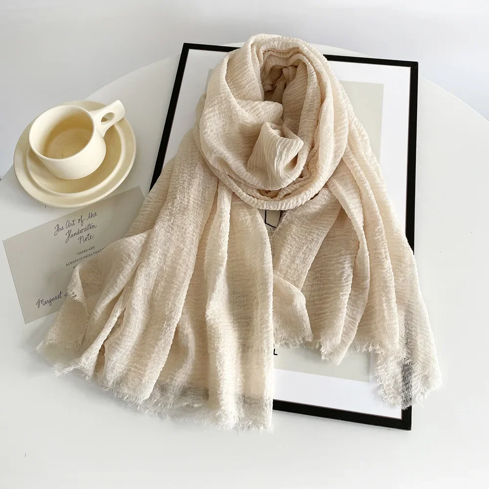 Solid Color Cotton and Linen Scarf 2024 Autumn and Winter New Women\'s Silk Scarf Retro Monochrome Medium Decorative Long Shawl