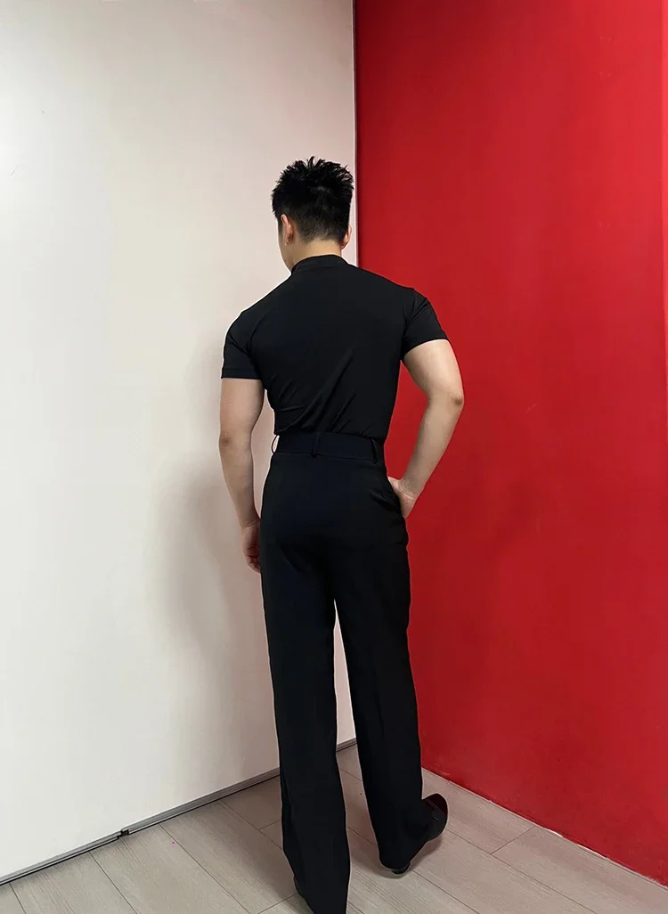 National Standard Latin Dance Practice Clothes Men Latin Costumes 2024 New V-Neck Black White Black Long-Sleeved Shirt