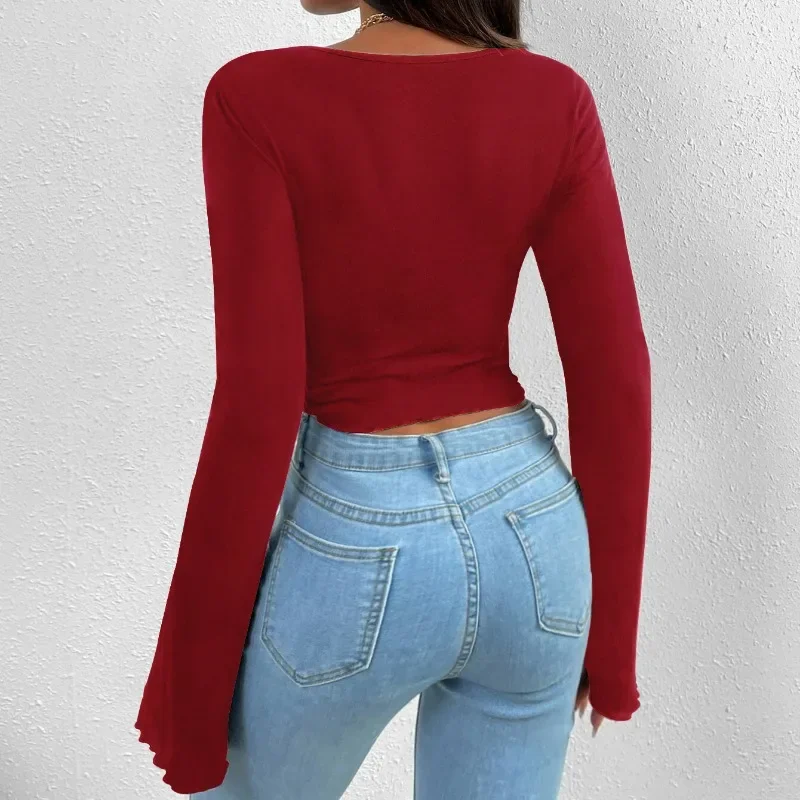 Knitted Irregular T Shirt Women Long Sleeve Solid Color V-neck Tight Sexy Slim Ladies Fashion Elegant 2023 Autumn New Y2k YSQ06