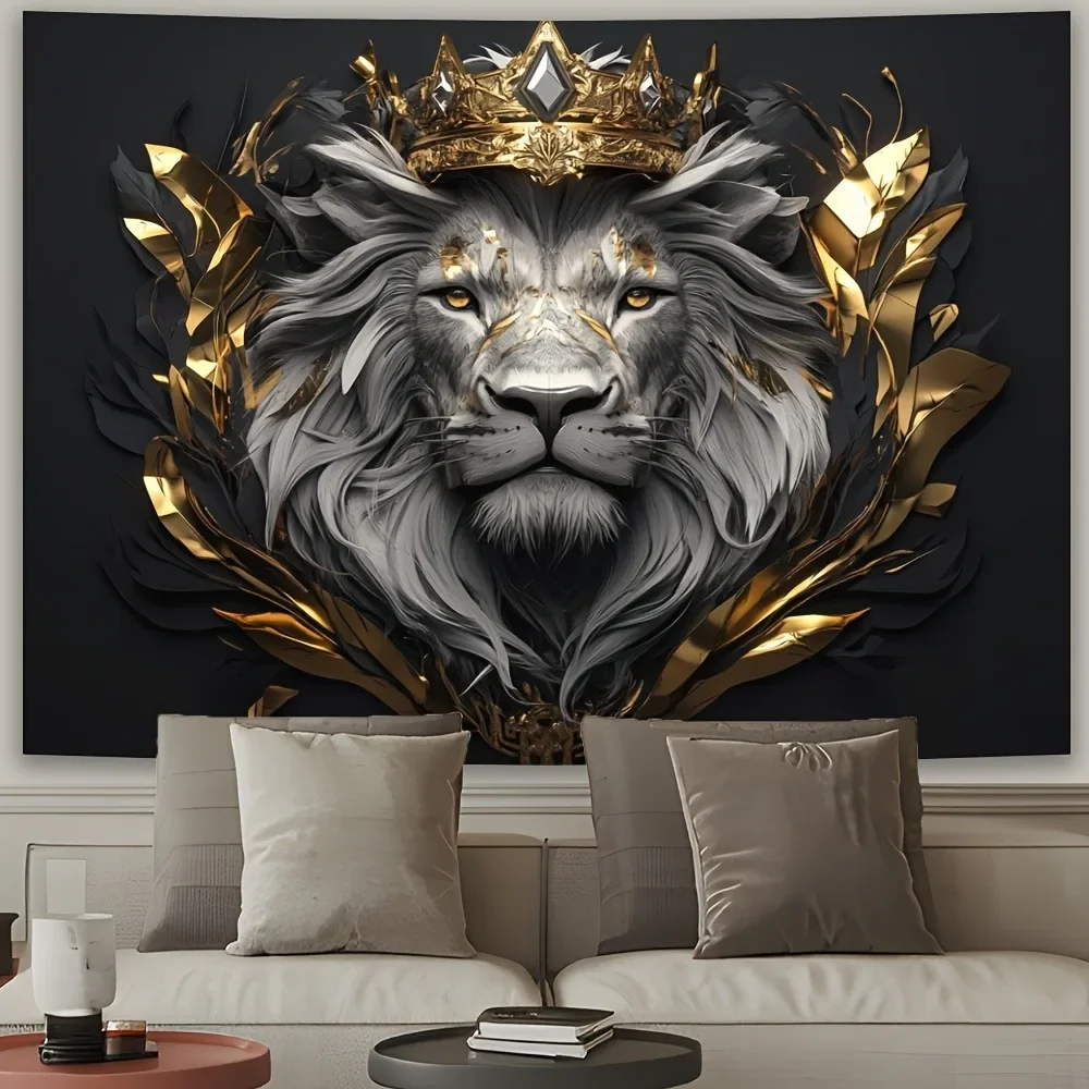 

Majestic Lion Crown Theme Tapestry Black Gold Living Room Bedroom Office Party Decor Exquisite Creative Gift Wall Art 180X320CM