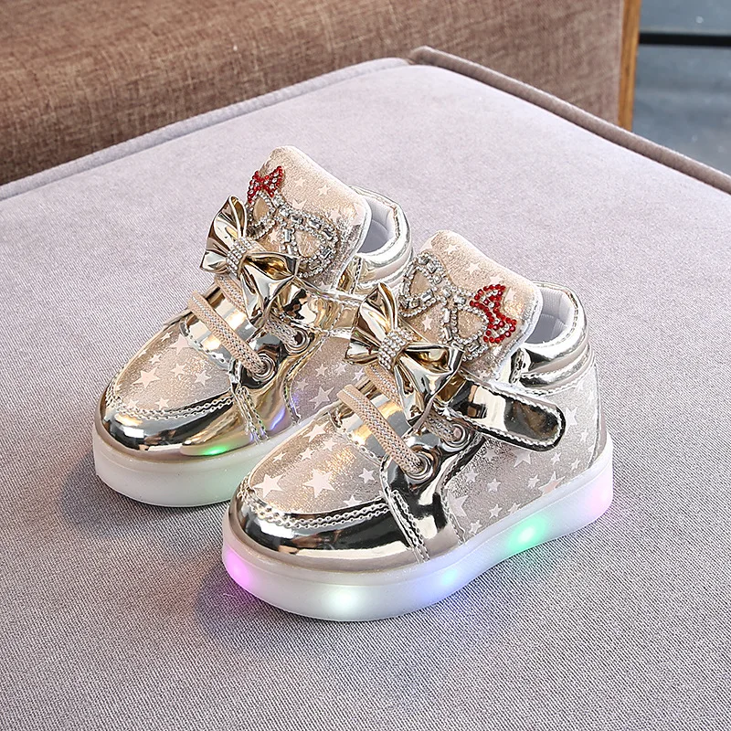 Kids Baby Infant Girls Crystal Bowknot LED Luminous Shoes Sneakers Butterfly Knot Cute Casual Wear Little White Baby Girl Shoes