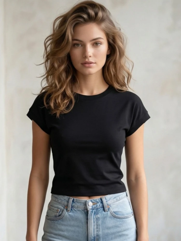 Zjaiss 2026 Harajuku Damen Rundhals T-Shirt Kurzarm Baumwolle Slim Fit Einfarbig Modisches Oberteil Sommer Damenbekleidung