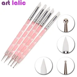 5PCs 2-Way Silicone Nail Art Pen Stainless Steel Flower Painting Tool Kit for Creative Manicure Design