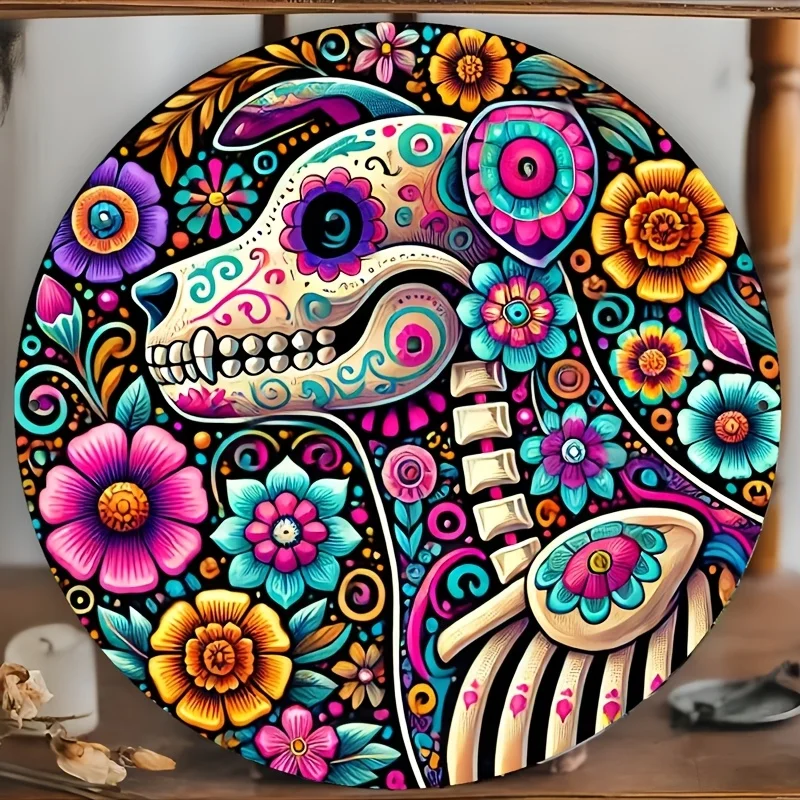 علامة دائرية خشبية ملونة ليوم الموتى الهيكل العظمي - تصميم زهور نابضة بالحياة، مثالية لتزيين المنزل والبار