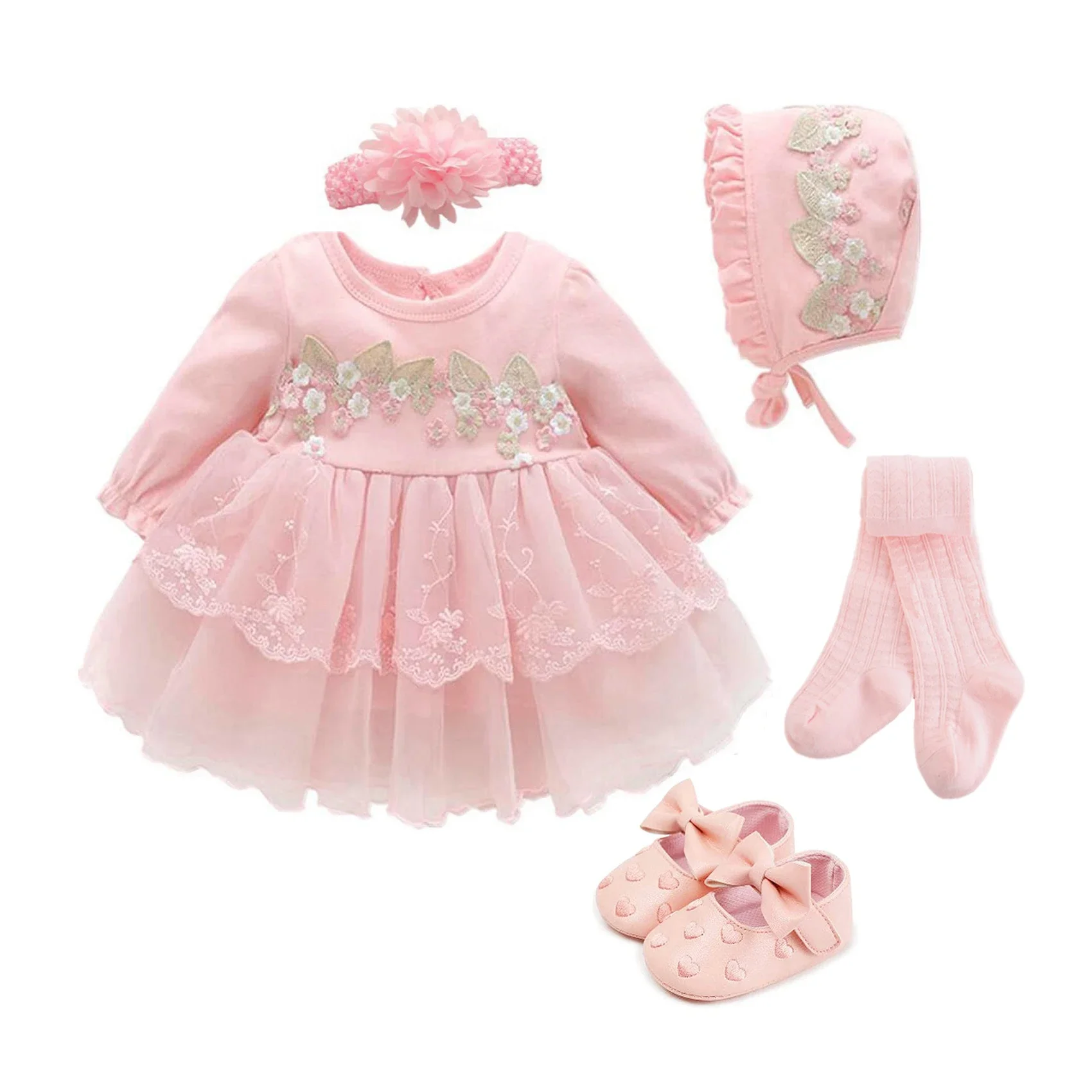 

Newborn Baby Girl Party Birthday Dress Outfit Set with Shoes, Tights, Long Socks 0-3 Months Christening