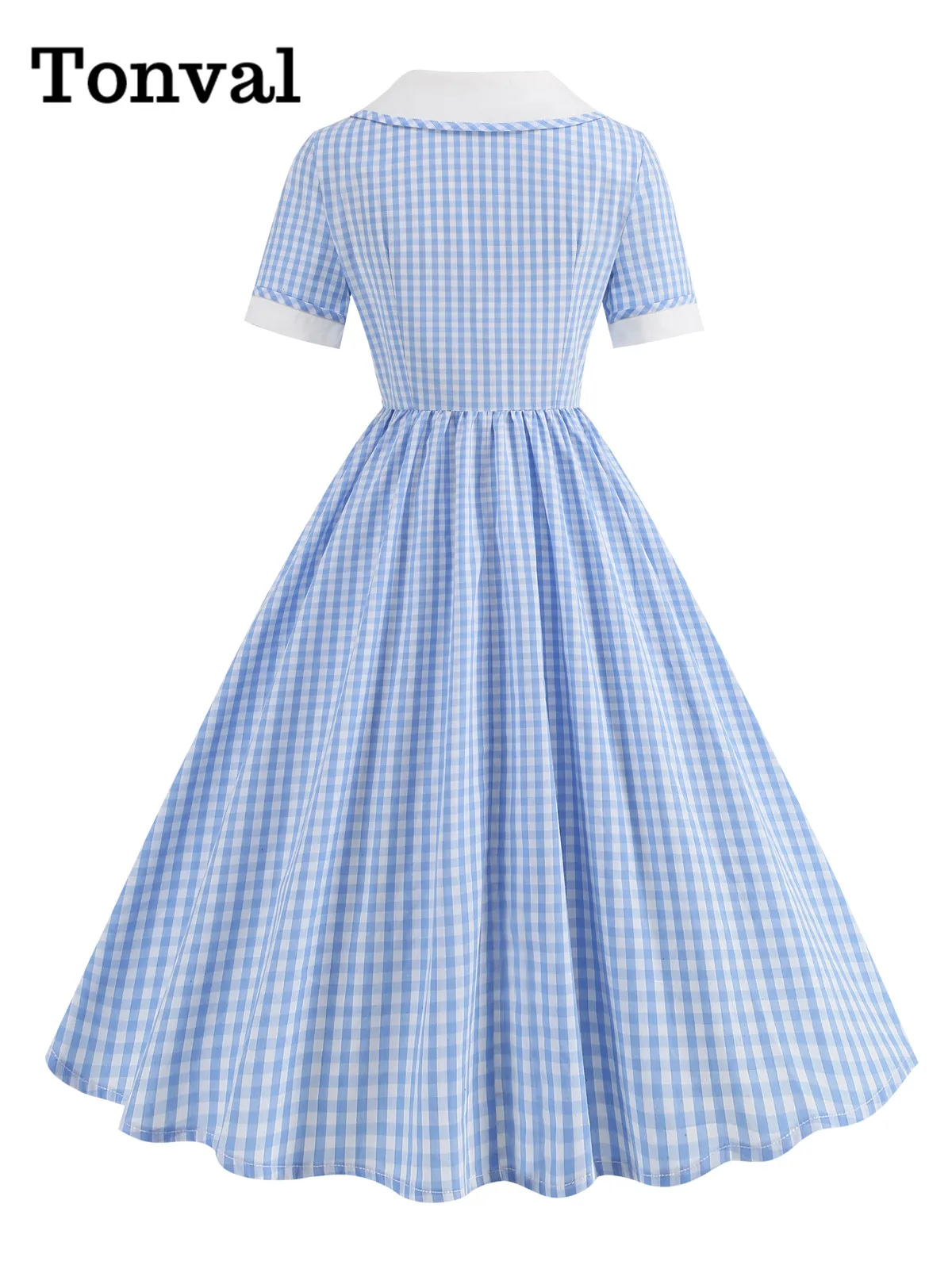 Tonval Peter Pan Collar Vintage Gingham Cotton Summer Dresses for Women 40s 50s Short Sleeve Pleated Rockabilly Dress