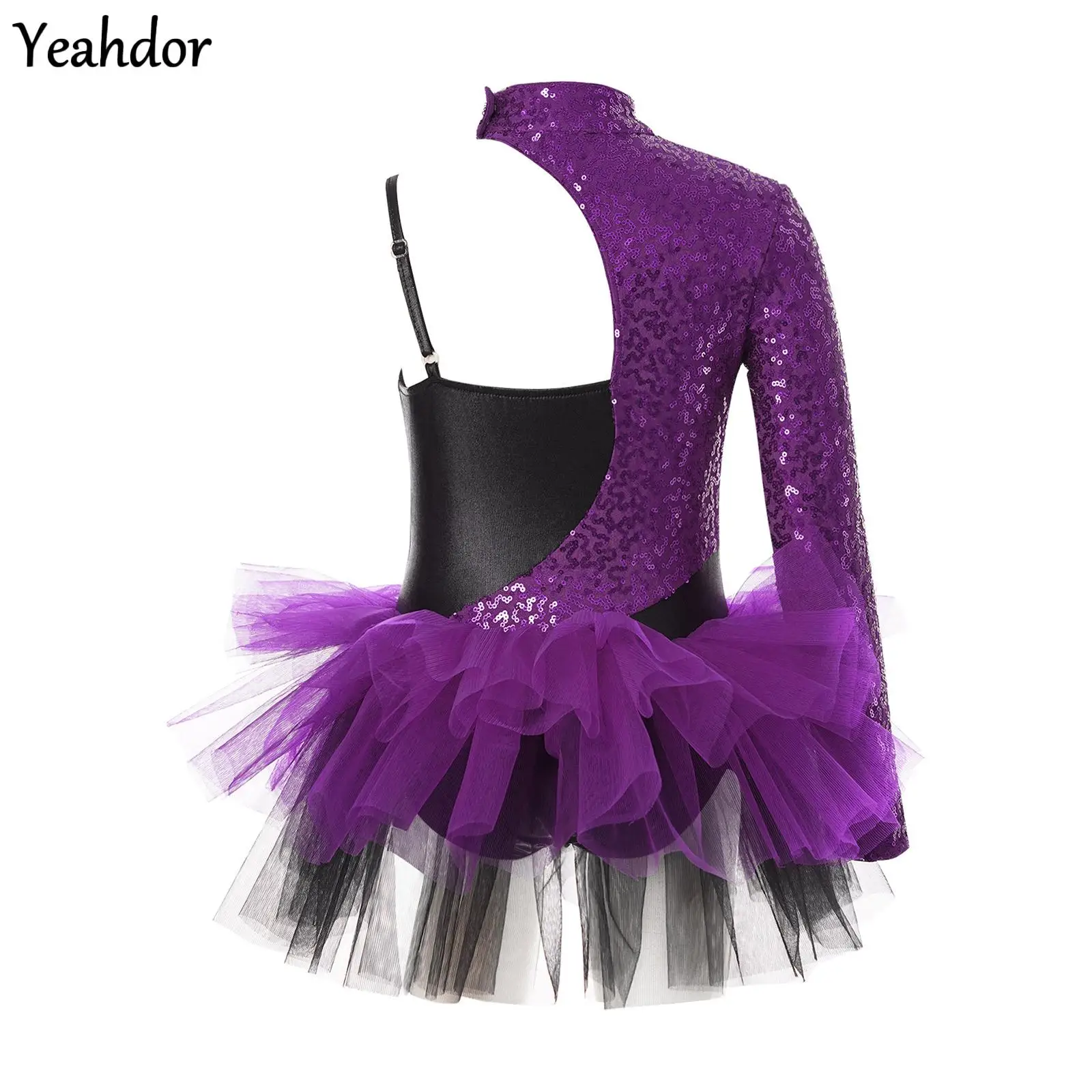 

Kid Girls Shiny Sequin Ballet Dance Dress Gymnastics Leotard Tulle Dress Asymmetrical Sleeves Jazz Figure Skating Tutu Dancewea
