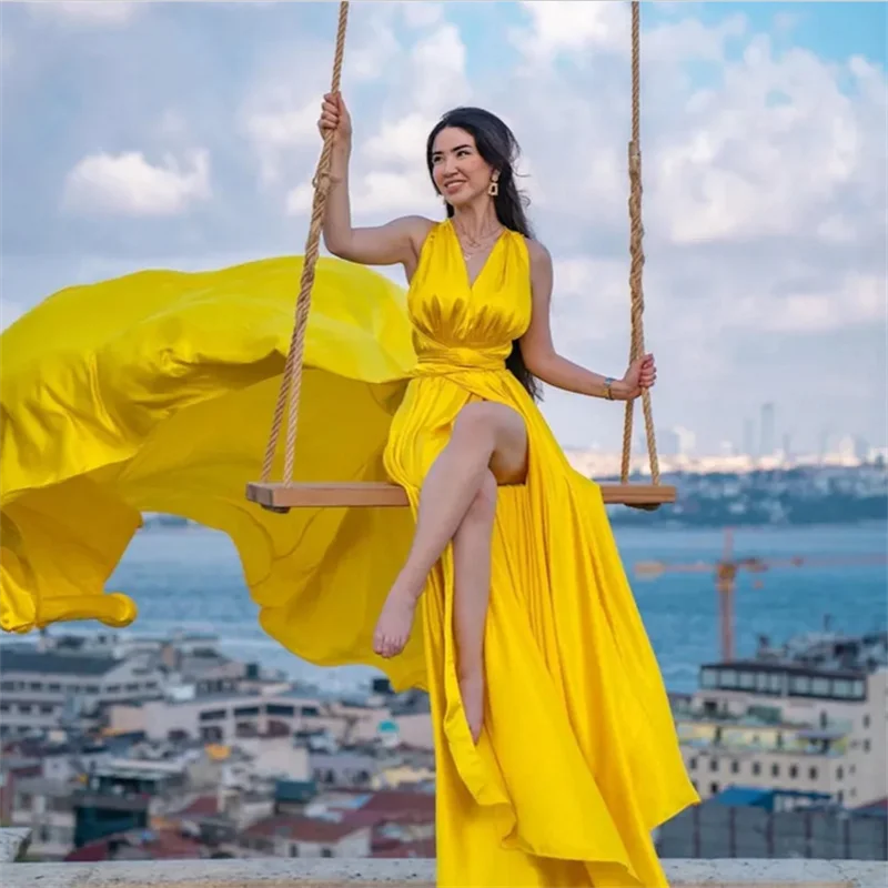 

Sexy Flying Prom Dresses Glitter Backless Long Tail Photography Evening Dresses V-neck Formal Occasion Elegant Party Dress Gala