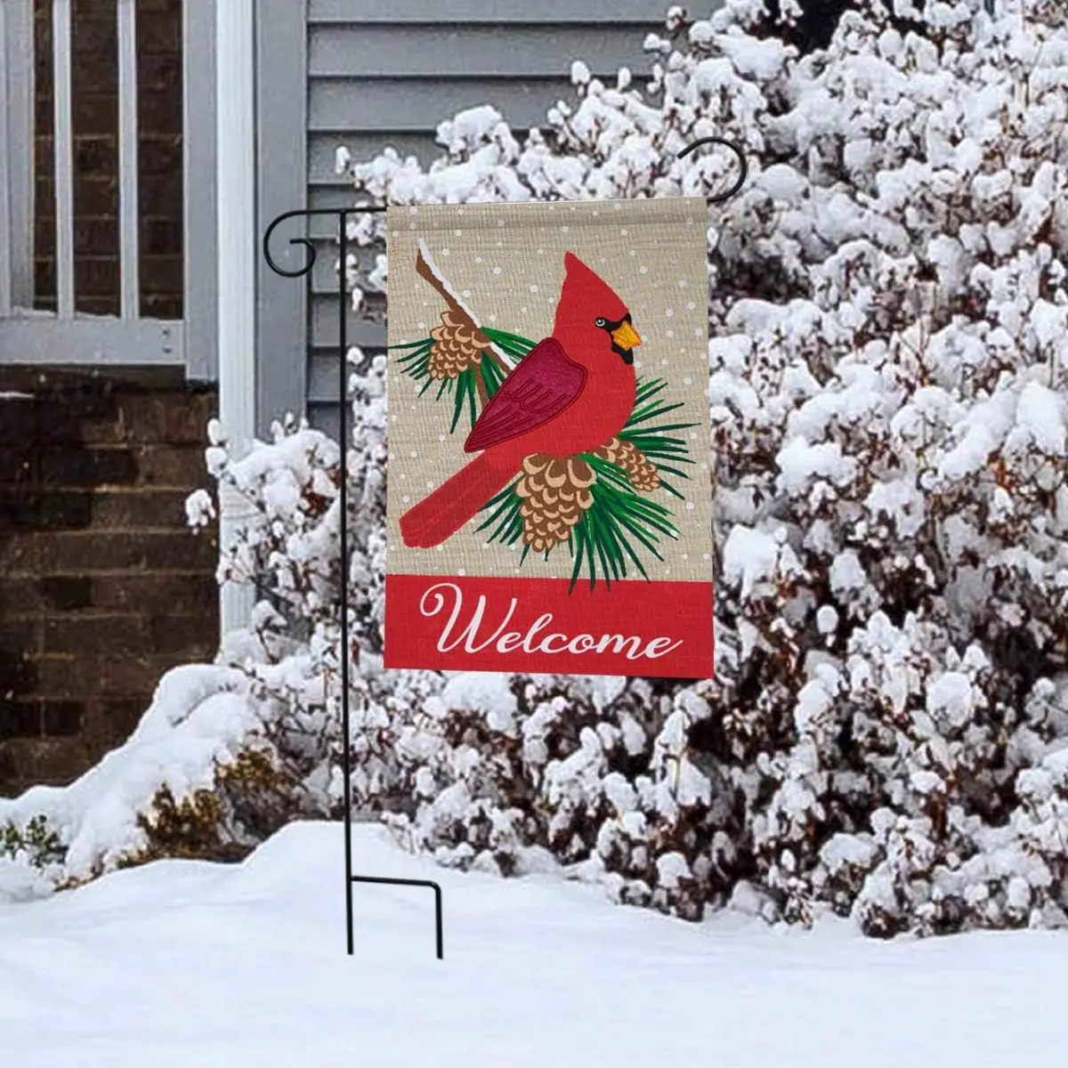 Cardinal Winter Burlap Garden Flag Welcome Pinecones 12.5