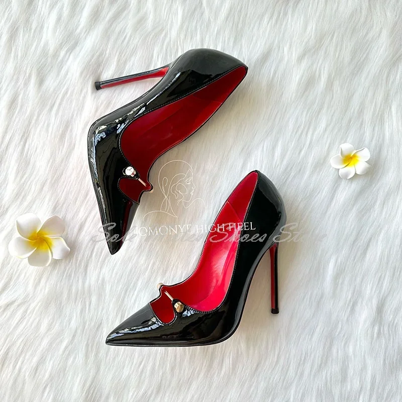 Sexy hohle Lackleder-Pumps, Stilettos, Eisenstangen-Design, schwarze Hochzeitsschuhe, rotes Futter, spitze Zehen, Damen-Bankettkleidschuhe