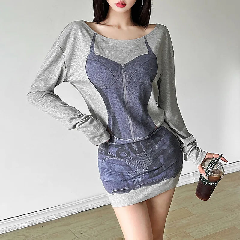 Autumn new women's creative mix and match style denim print personalized fashion slim fit dress