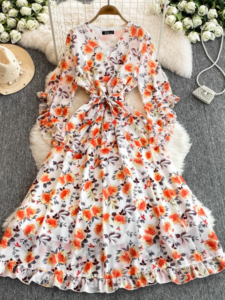 Boho scollo a V Abito lungo estivo da donna in chiffon con stampa floreale Chic casual fasciatura sottile vacanza al mare INS elegante abito a trapezio tunica