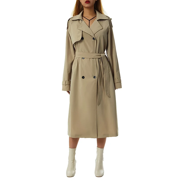 Dames Casual Mode Lange Trenchcoat Klassieke Dubbele Rij Knopen Revers Lange Mouw Winddichte Overjas Met Riem Streetwear