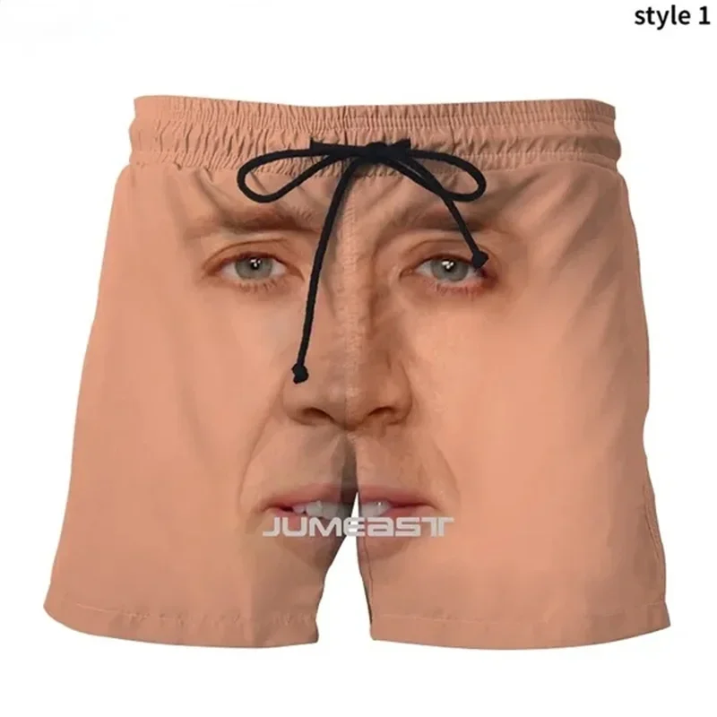 Nicolas Cage Funny Face Graphic Beach Shorts Men Cool 3D Printed Board Shorts Swimsuit Summer Hawaii Swim Trunks Kids Ice Shorts