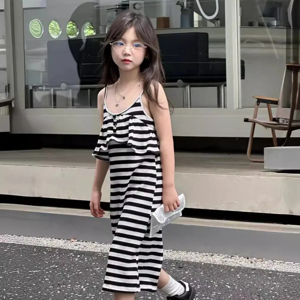 Girls Dress Korea Style 2024 Summer New Striped Slit Dress Halters Top Comfortable Spicy Girl Baby Fashion Kids Summer Clothes