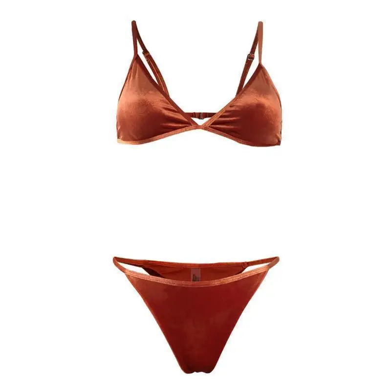 Sexy Two-piece Bikini Set For Women Satin Adjustable Thin Straps Deep V-Neck Swimsuit Mini Thong Summer Beach Party Swimwear