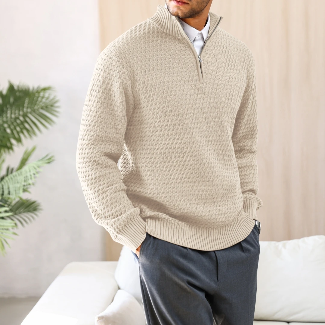 Men's Quarter Zip Sweater Mock Neck Pullover Ribbed Knit Casual Polo Sweaters