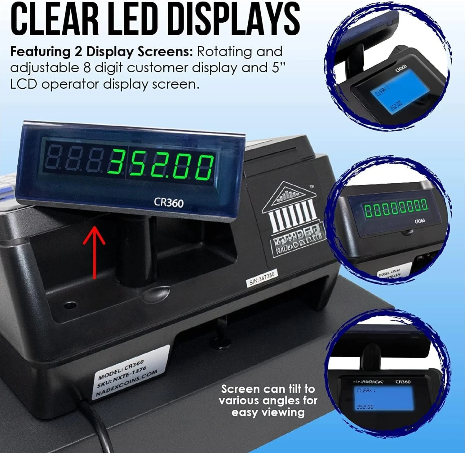 

CR360 Cash Register, 4700 Lookups 50 Dept 50 Clerks, Quick Load Thermal Printer, Compact Size, Cash and Coin Drawer, Black