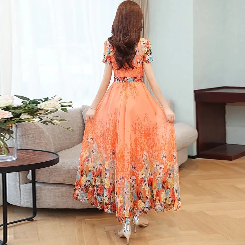 2024 Beach Floral Chiffon Midi Dress Women Elegant Summer Korean Fashion Casual Bodycon Party Evening Long Dresses