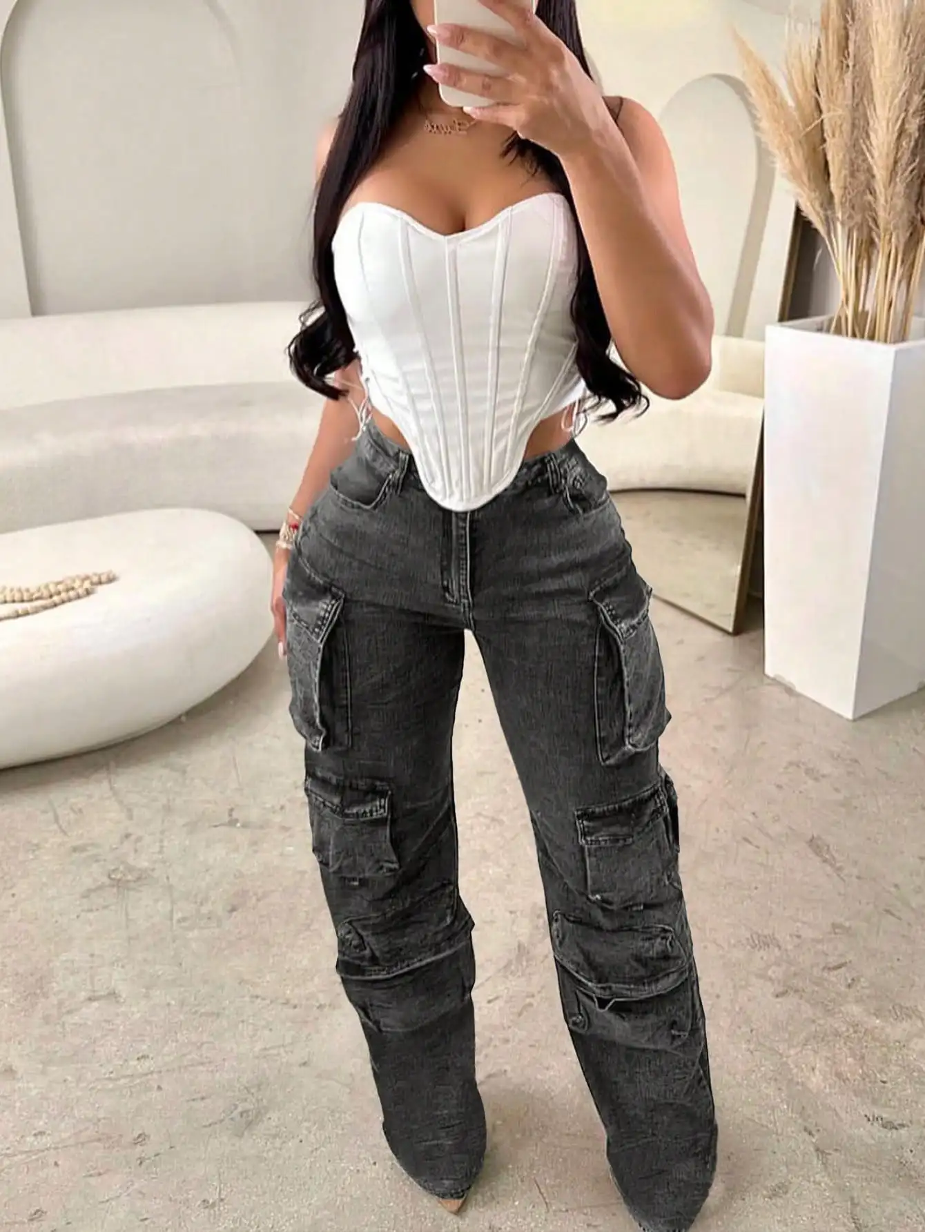 2025 Newest Women's Cargo Jeans High Waist Cargo Pants Y2k Loose Wide Leg Jeans with Flap Pockets