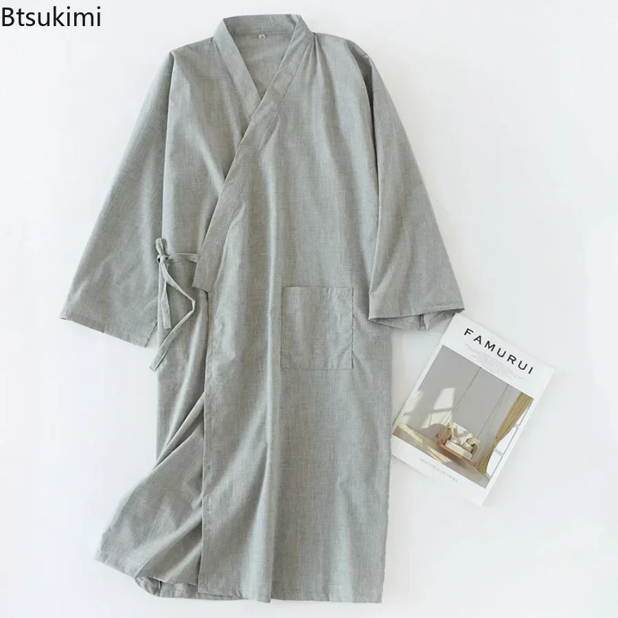 New 2024 Men\'s Casual Cotton Line Pajamas Solid Soft Sleepwear Male Bath Robe Japanese Kimono Cotton Nightgown Home Clothes Men