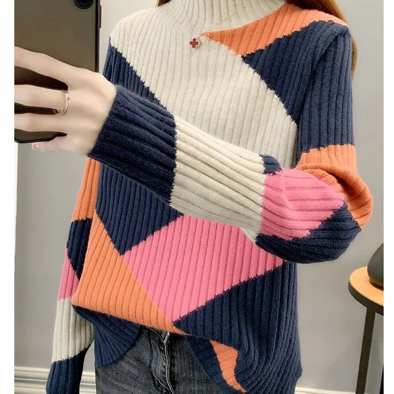 New Autumn and Winter Fashion Trend Color Blocking Half High Neck Loose and Versatile Westernized Women\'s Long Sleeved Sweater