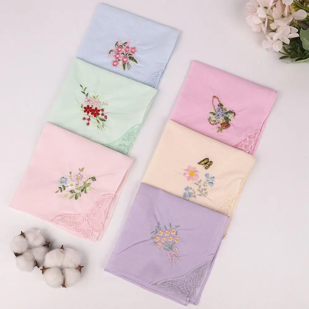 

Elegant Cotton Square Handkerchief Reusable Soft Embroidered Floral Cloth Lace Flower Hanky For Women