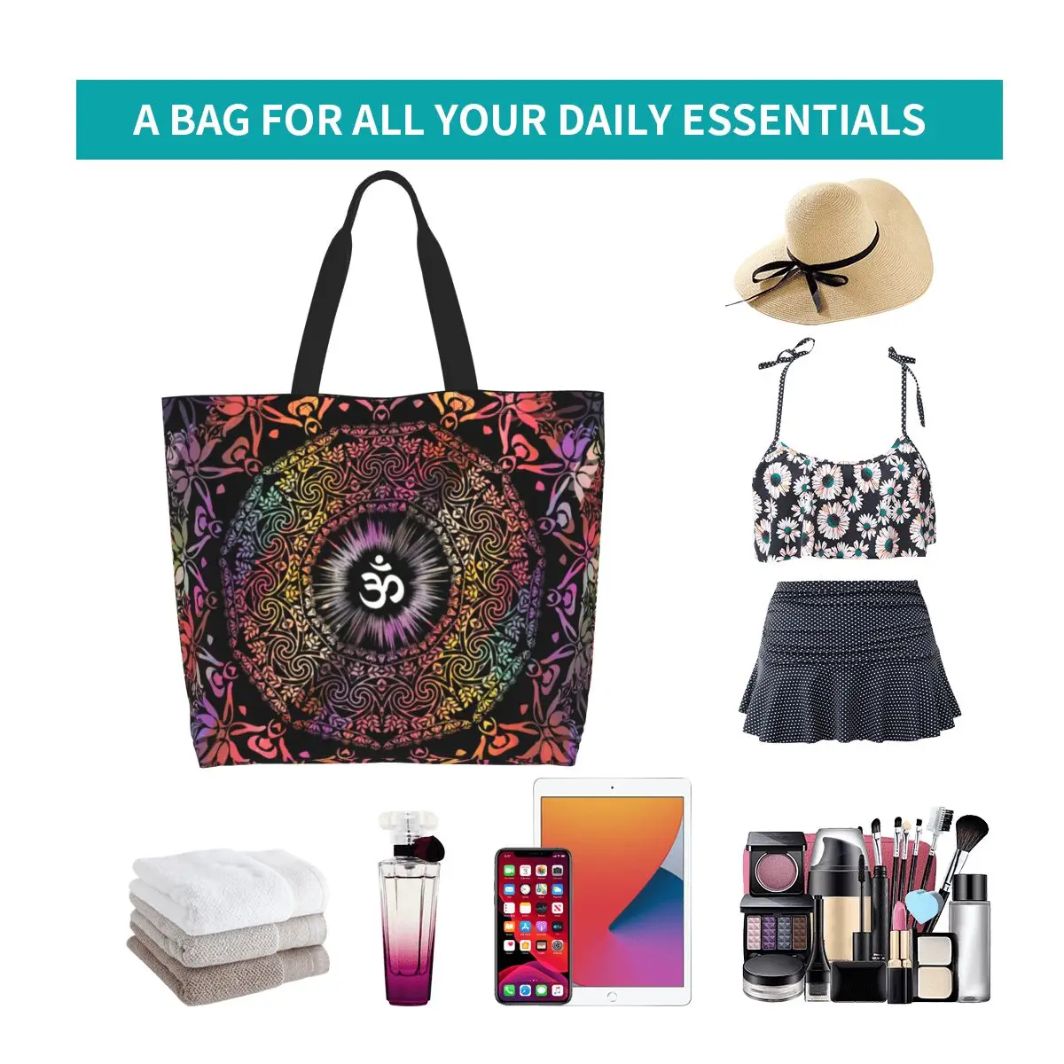 Personalizzato Mandala Om buddismo Aum Shopping Canvas Bag donna riutilizzabile grande capacità generi alimentari Zen Yoga meditazione Shopper Tote