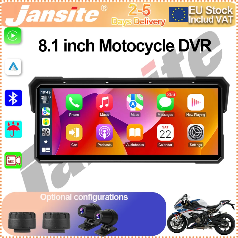 Jansite – écran tactile 8.1 pouces, DVR 4K, navigation GPS portable, CarPlay sans fil, étanche IP67, anti-poussière, pour motos universelles