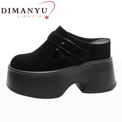 DIMANYU Women Half Sippers Platform 2026 Spring High-heel Retro Women's Loafers Casual Genuine Leather Suede Mules For Ladies