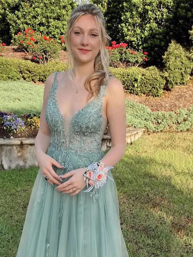 Verde fresco V-Neck Prom Vestidos, cintas de espaguete, tule sem encosto, até o chão, jardim, vestido formal de festa, 2023