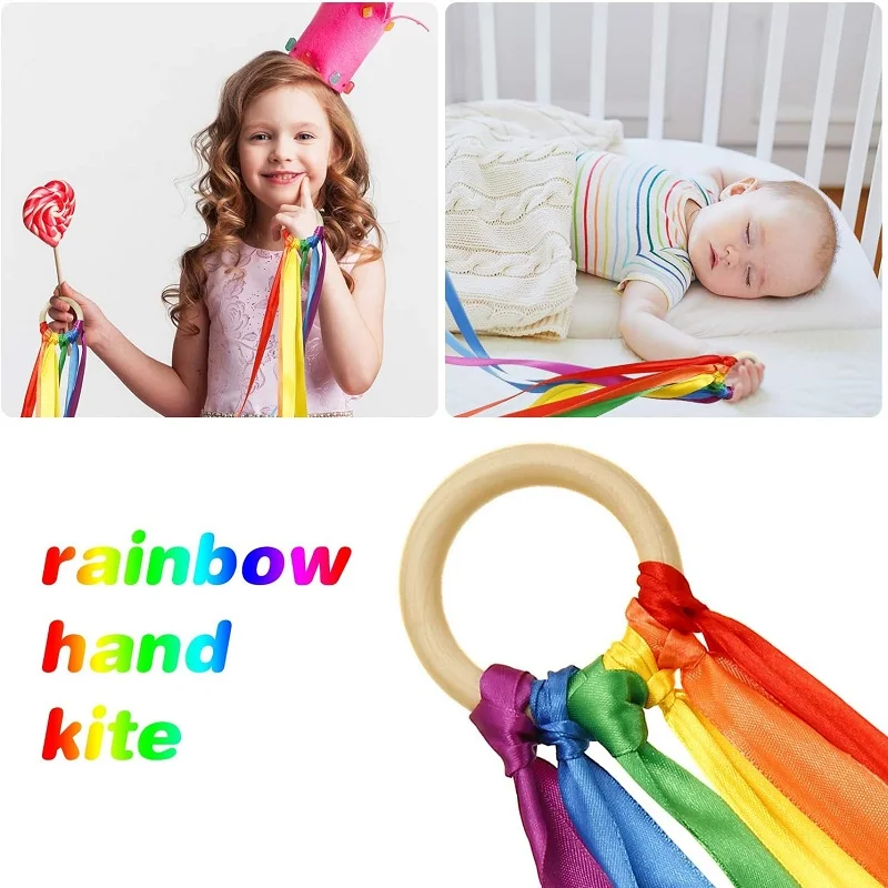 Creative Rainbow  Hand Kite Set Dancing Ribbon Sensory Toys Wooden Rattle Stick Learning Montessori Waldorf Toys for Kids