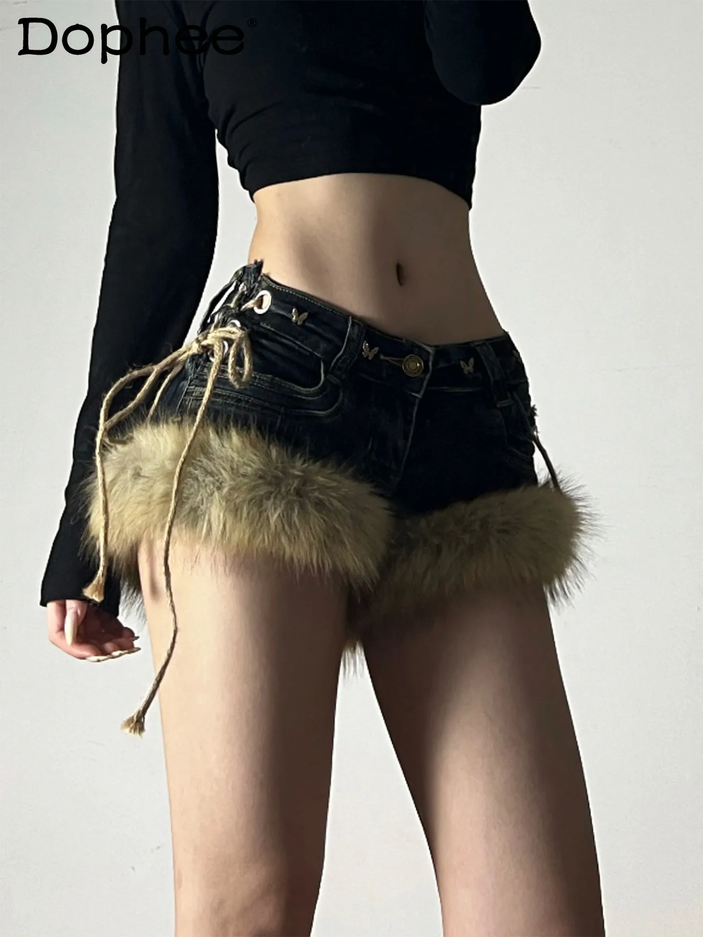 

American High Street Retro Furry Denim Women's Shorts Winter New Y2K Millennial Hot Girl Low Waist Slimming Hot Pants